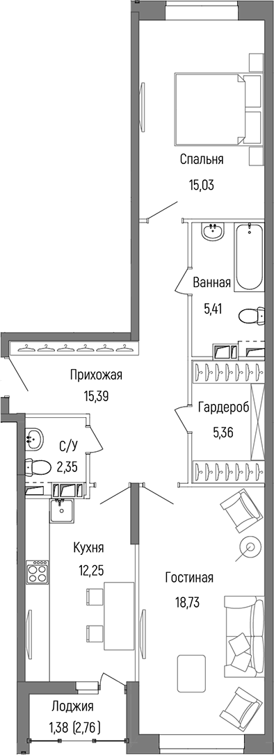 2-комн., 74.52 м², 9/9 этаж, ЖК «Рига Хиллс»