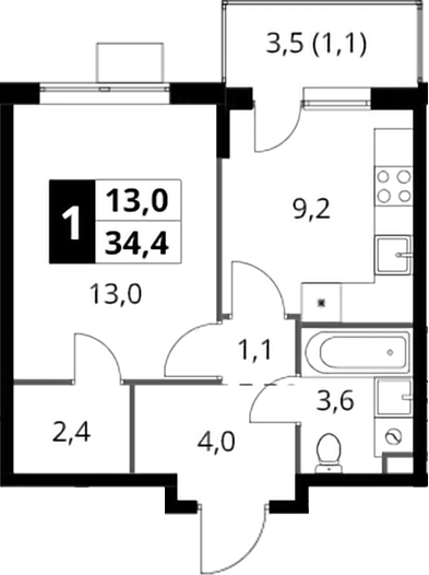 1-комн., 33.3 м², 5/16 этаж, ЖК «1-й Шереметьевский»