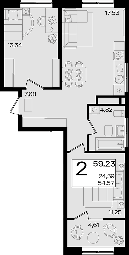 2-комн. квартира, 54.62 м² в ЖК Патрики — фото 3