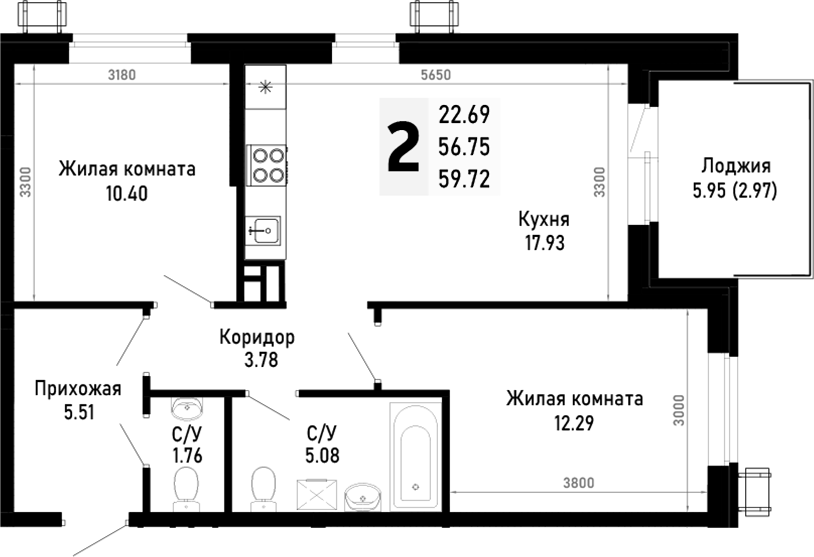 2-комн. квартира, 56.75 м² в ЖК Усадьба Гостагаевская — фото 2