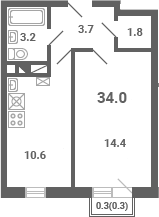 1-комн., 33.7 м², 4/4 этаж, ЖК «Южная Долина»