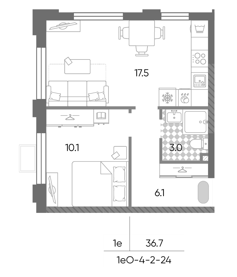 2-комн., 36.7 м², 18/24 этаж, ЖК «Лучи»