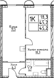 1-комн., 45.2 м², 13/29 этаж, ЖК «Наметкин Тауэр»