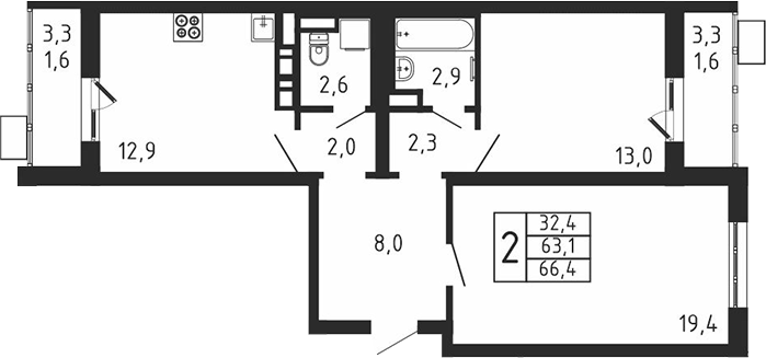 2-комн., 63.2 м², 5/9 этаж, ЖК «Пироговская ривьера. Мытищи»