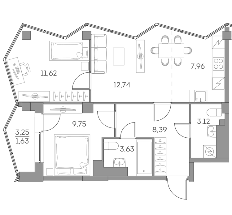 3-комн., 57.21 м², 18/28 этаж, ЖК «Аквилон БИСАЙД 2.0»