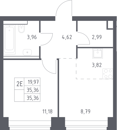 2-комн., 35.36 м², 22/32 этаж, ЖК «НОВА»