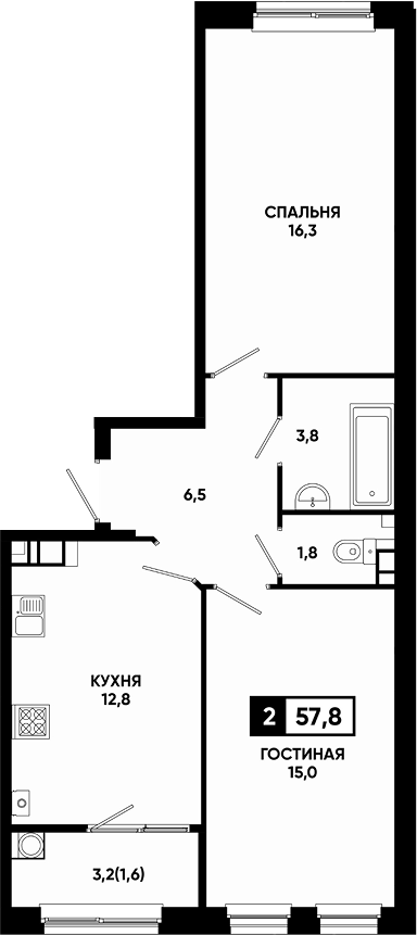 2-комн., 56.2 м², 11/13 этаж, ЖК «Резиденция Софи»