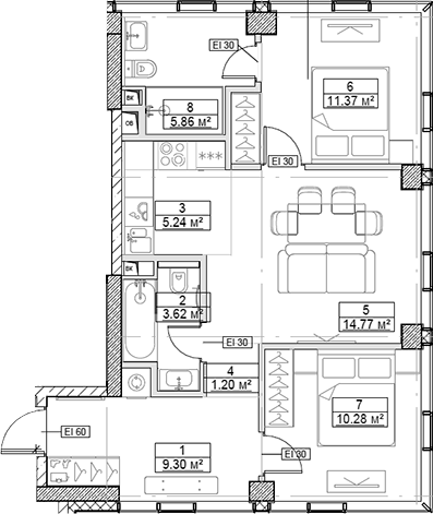 3-комн., 61.64 м², 16/48 этаж, ЖК «Сити Бэй»