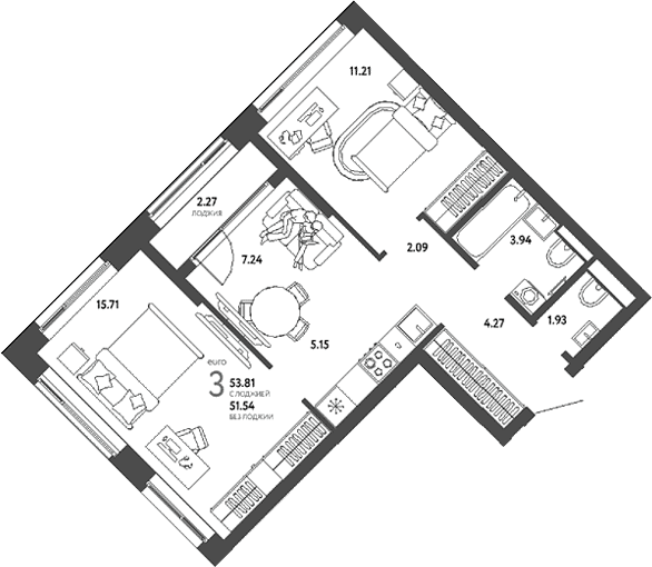 3-комн., 51.54 м², 16/25 этаж, ЖК «Страна.Парковая»