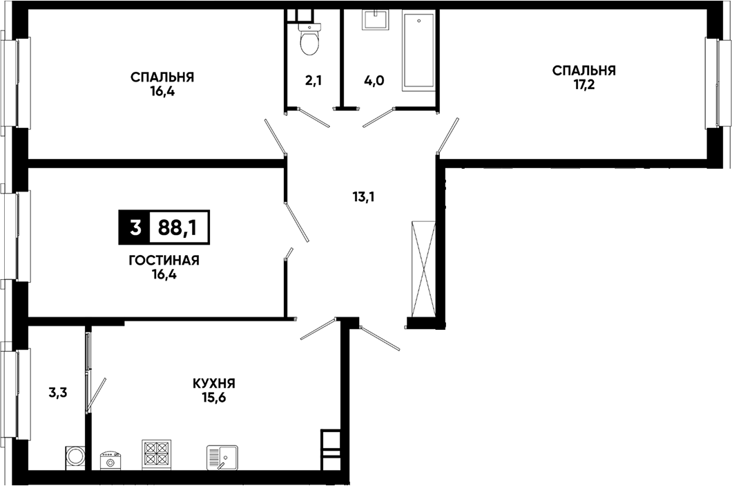 3-комн., 84.8 м², 6/12 этаж, ЖК «Кварталы 17/77»