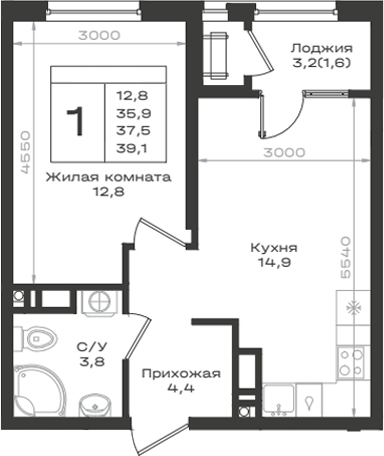 1-комн., 35.9 м², 10/12 этаж, ЖК «Нагория»
