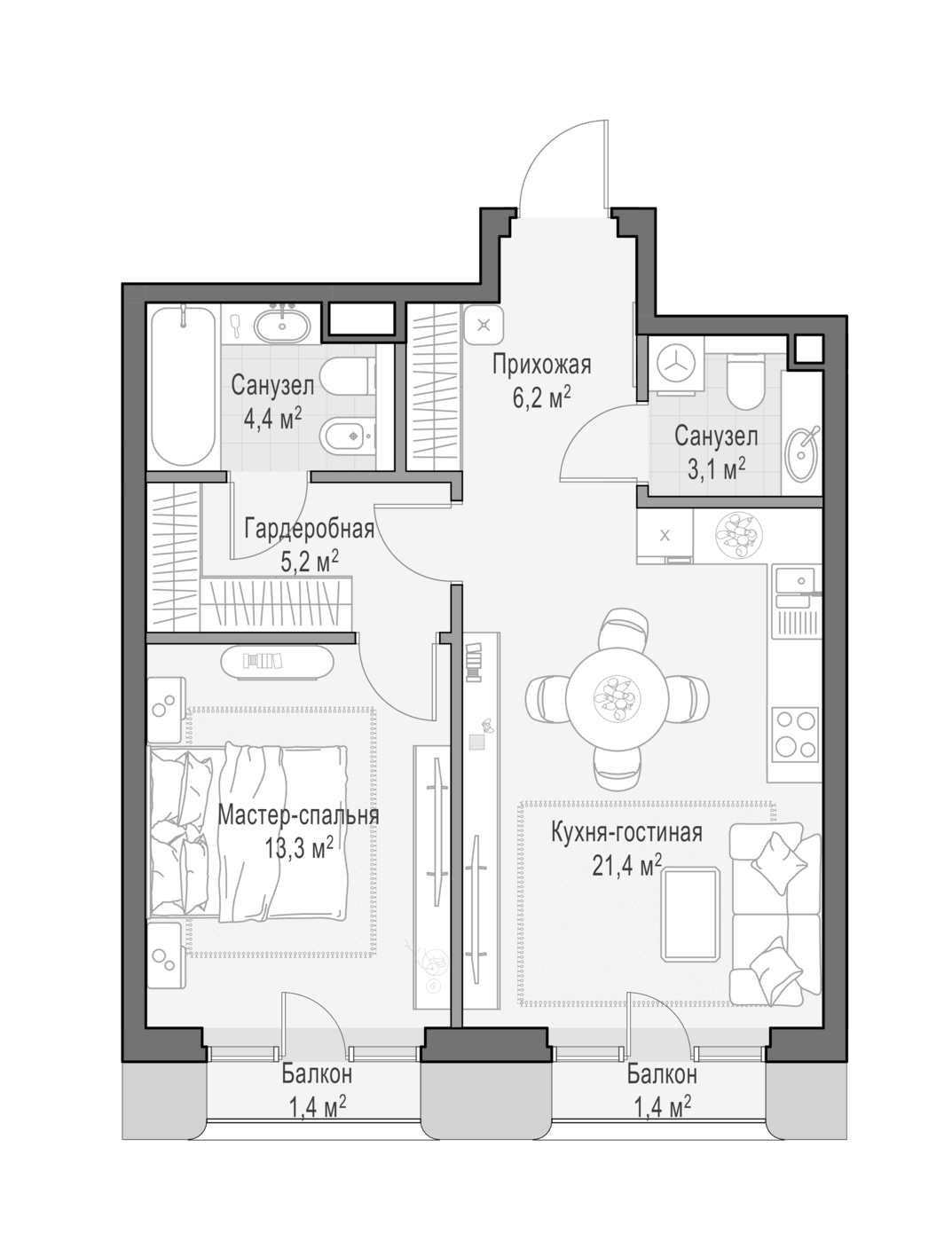 2-комн., 53.96 м², 2/7 этаж, ЖК «Квартал Тишинский бульвар»