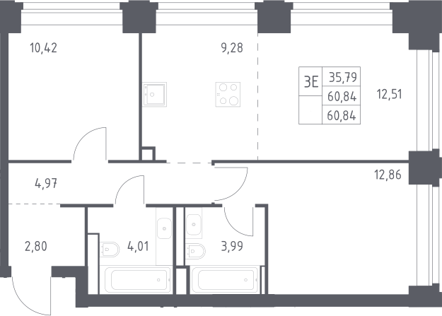 3-комн., 60.84 м², 24/40 этаж, ЖК «НОВА»