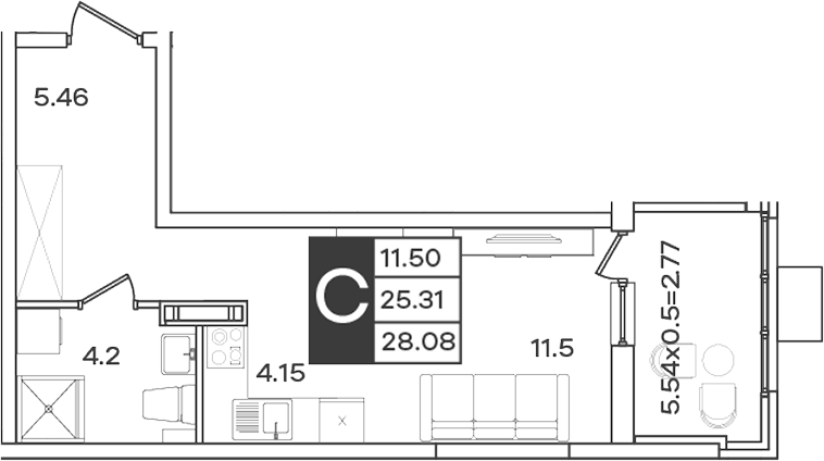 Студия, 25.31 м², 7/9 этаж, ЖК «Сюжеты»
