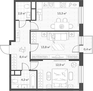 2-комн., 55.4 м², 11/12 этаж, ЖК «Аристов Берег»