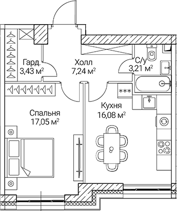 1-комн., 47.01 м², 26/51 этаж, ЖК «СЕЗАР СИТИ»