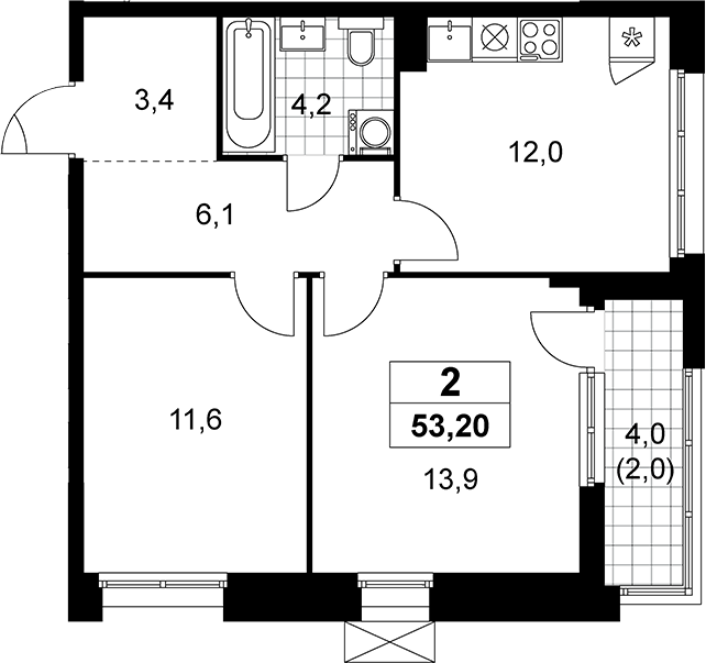 2-комн., 51.2 м², 4/19 этаж, ЖК «Прокшино»