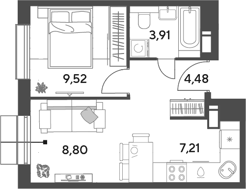2-комн., 33.92 м², 15/15 этаж, ЖК «Публицист»