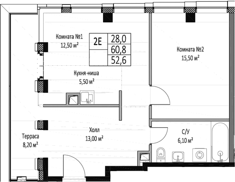 2-комн., 52.6 м², 24/26 этаж, ЖК «ЭМОУШН»