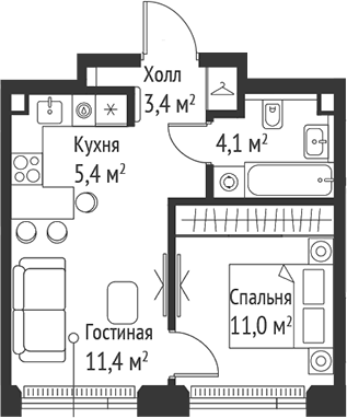 2-комн., 35.3 м², 31/59 этаж, ЖК «СЕТ»