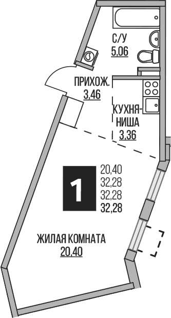 Студия, 32.28 м², 1/5 этаж, ЖК «Гранель Аникеевский»
