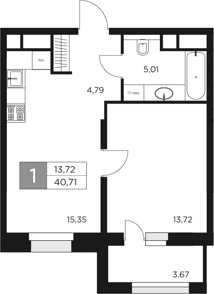 2-комн., 38.87 м², 3/17 этаж, ЖК «Восток 2»