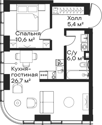 2-комн., 48.7 м², 31/59 этаж, ЖК «Сити Бэй»