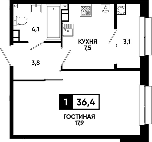 1-комн., 33.3 м², 2/8 этаж, ЖК «Кварталы 17/77»