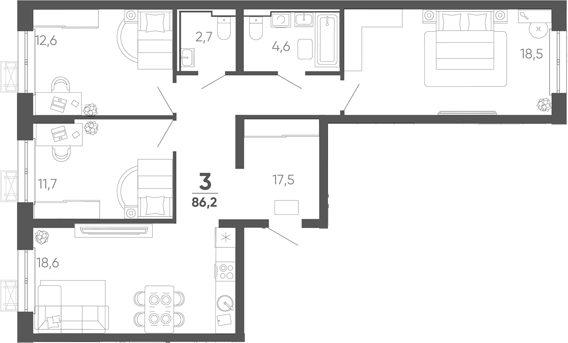 3-комн. квартира, 86.2 м² в ЖК Барса — фото 2