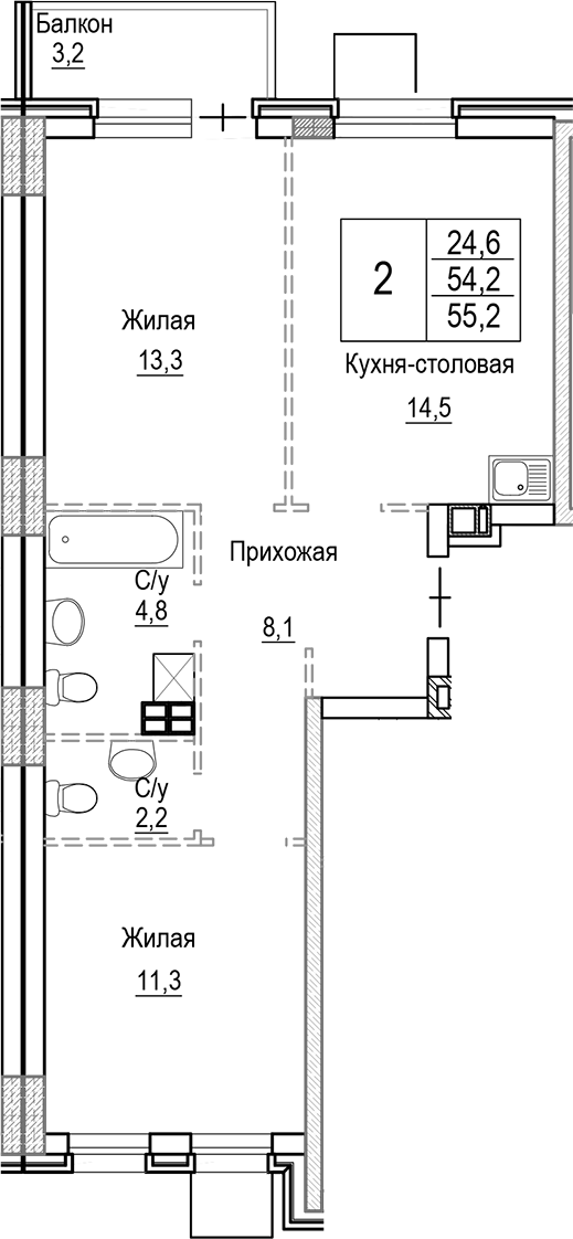 3-комн., 54.24 м², 4/9 этаж, ЖК «Лесная Отрада»