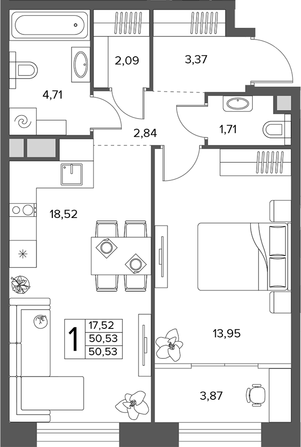 2-комн., 50.53 м², 2/18 этаж, ЖК «Городской бор»