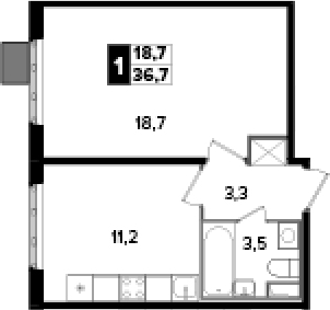 1-комн., 36.7 м², 21/24 этаж, ЖК «Южная Битца»