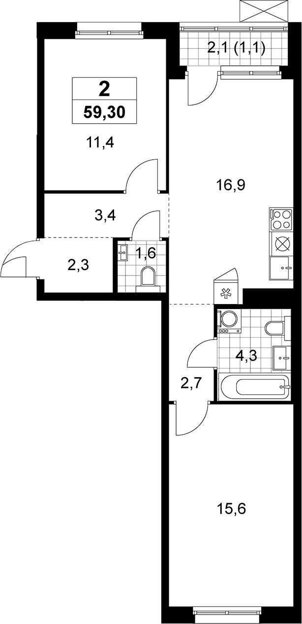 3-комн., 58.2 м², 11/15 этаж, ЖК «Прокшино»