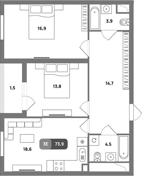3-комн., 72.4 м², 29/32 этаж, ЖК «Проспект 39»