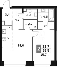 2-комн., 59.5 м², 7/58 этаж, ЖК «Амбер Сити»