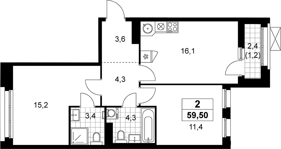 3-комн., 58.3 м², 11/14 этаж, ЖК «Прокшино»