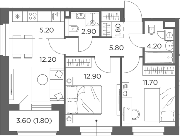 3-комн., 56.7 м², 9/20 этаж, ЖК «Белый Град»