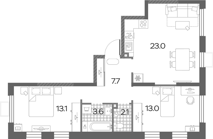 3-комн., 62.5 м², 24/24 этаж, ЖК «Лучи»