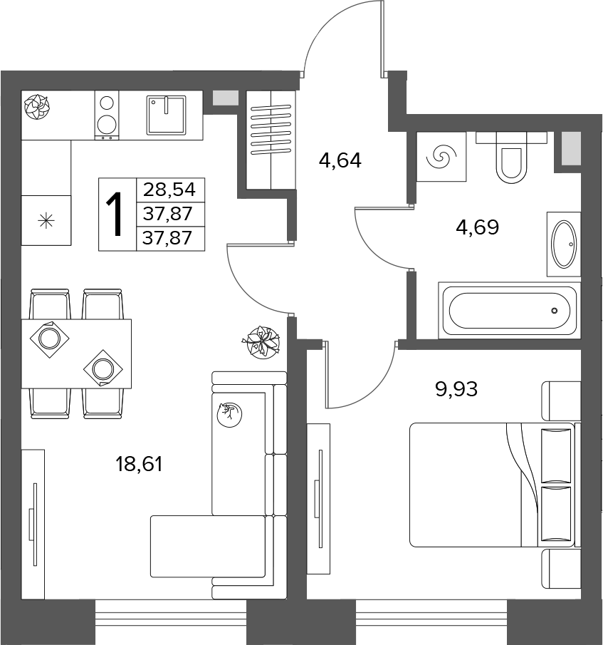 2-комн., 37.87 м², 2/14 этаж, ЖК «Городской бор»