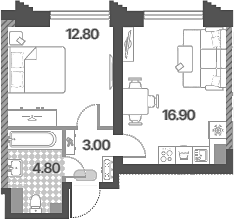 2-комн., 37.5 м², 28/58 этаж, ЖК «Обручева 30»