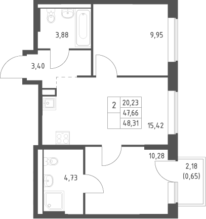 3-комн., 47.66 м², 11/12 этаж, ЖК «Большое Юрлово»