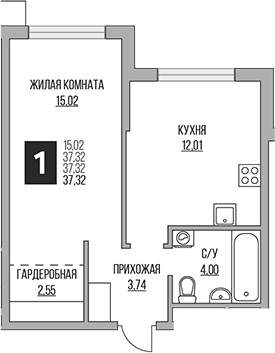 2-комн., 37.32 м², 3/12 этаж, ЖК «Гранель Притяжение Сити»