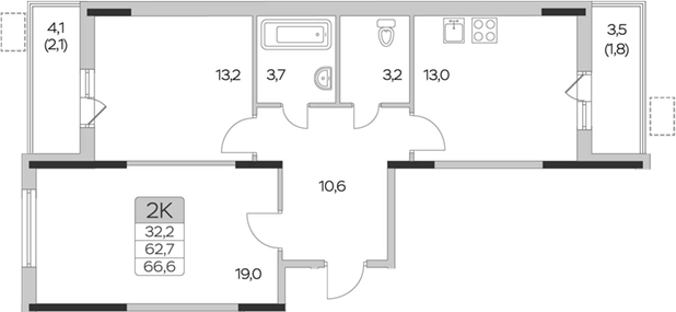 2-комн., 62.7 м², 3/9 этаж, ЖК «Пироговская ривьера. Мытищи»