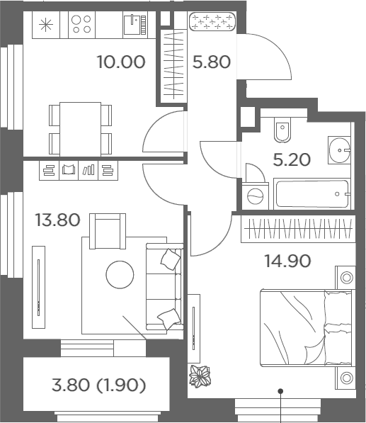 2-комн., 49.7 м², 2/12 этаж, ЖК «Белый Град»