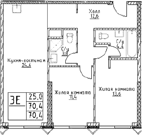 3-комн., 70.4 м², 6/29 этаж, ЖК «Наметкин Тауэр»
