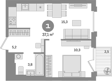 1-комн., 34.6 м², 3/30 этаж, ЖК «Квартал Герцена»