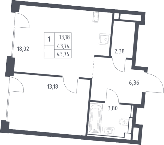 2-комн., 43.74 м², 6/7 этаж, ЖК «Квартал на воде»