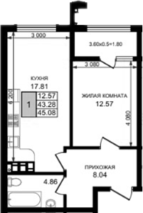 1-комн., 43.28 м², 8/8 этаж, ЖК «Резиденция морей»