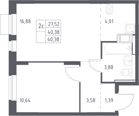 2-комн., 40.38 м², 12/12 этаж, ЖК «Пятницкие Луга»