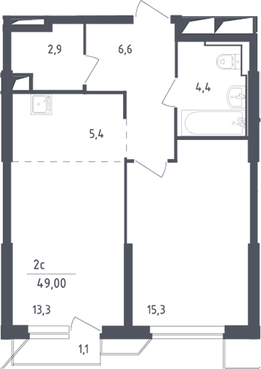 2-комн., 47.9 м², 10/30 этаж, ЖК «Скай Спутник»